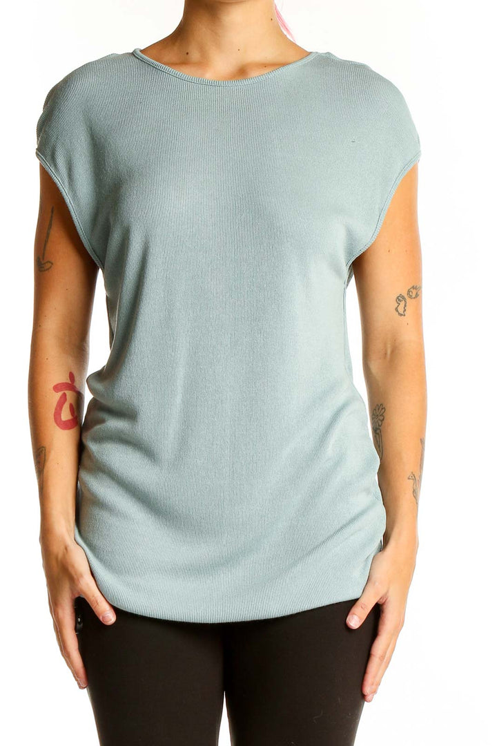 Front view of sage green ribbed cap sleeve top from Zara