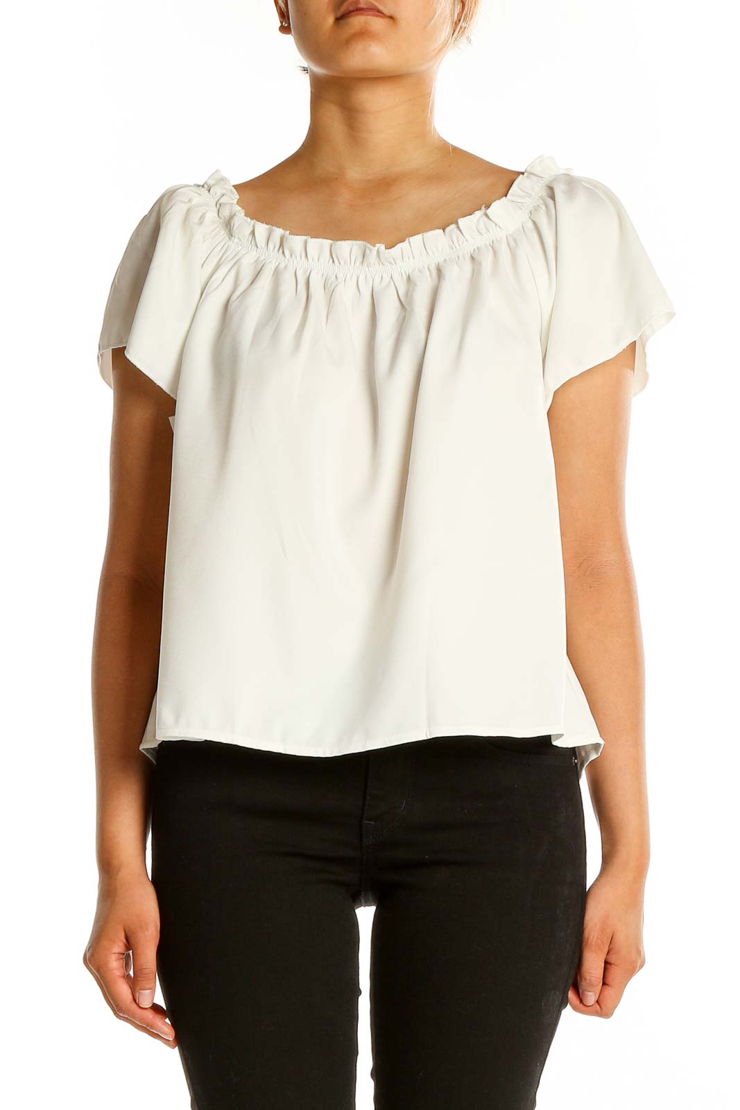 Front view of white off-shoulder ruched blouse by SilkRoll