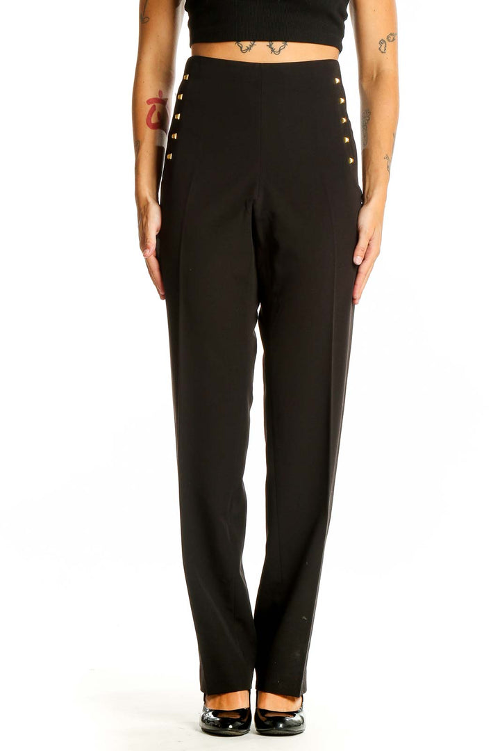 Front view of Larry Levine black high-waisted dress pants with gold studs