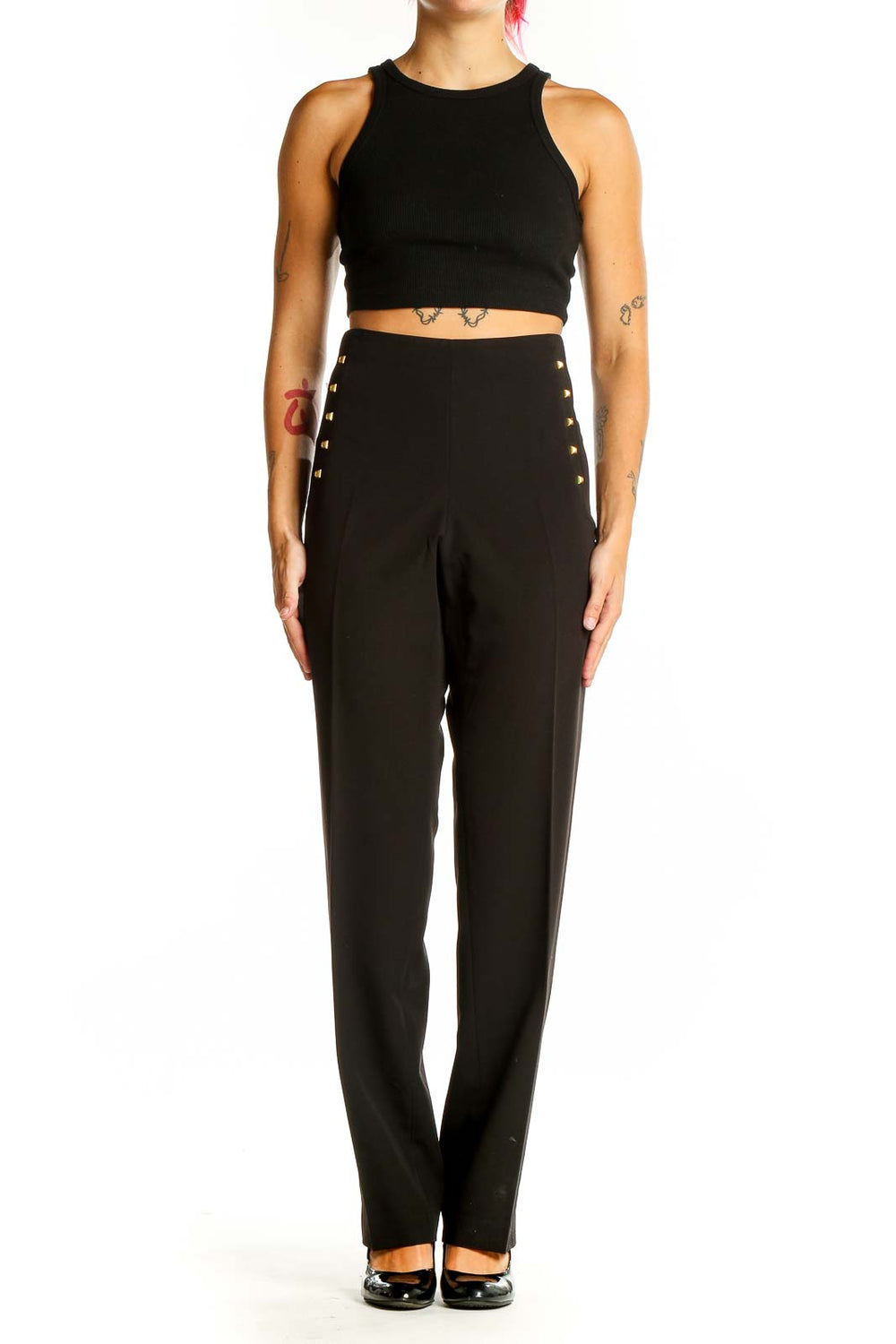 Front view of Larry Levine black high-waisted dress pants with gold studs