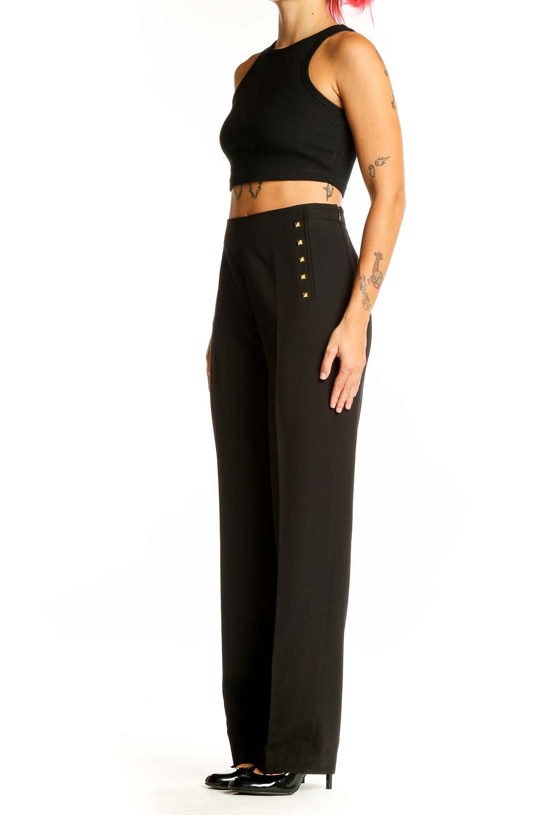 Front view of Larry Levine black high-waisted dress pants with gold studs