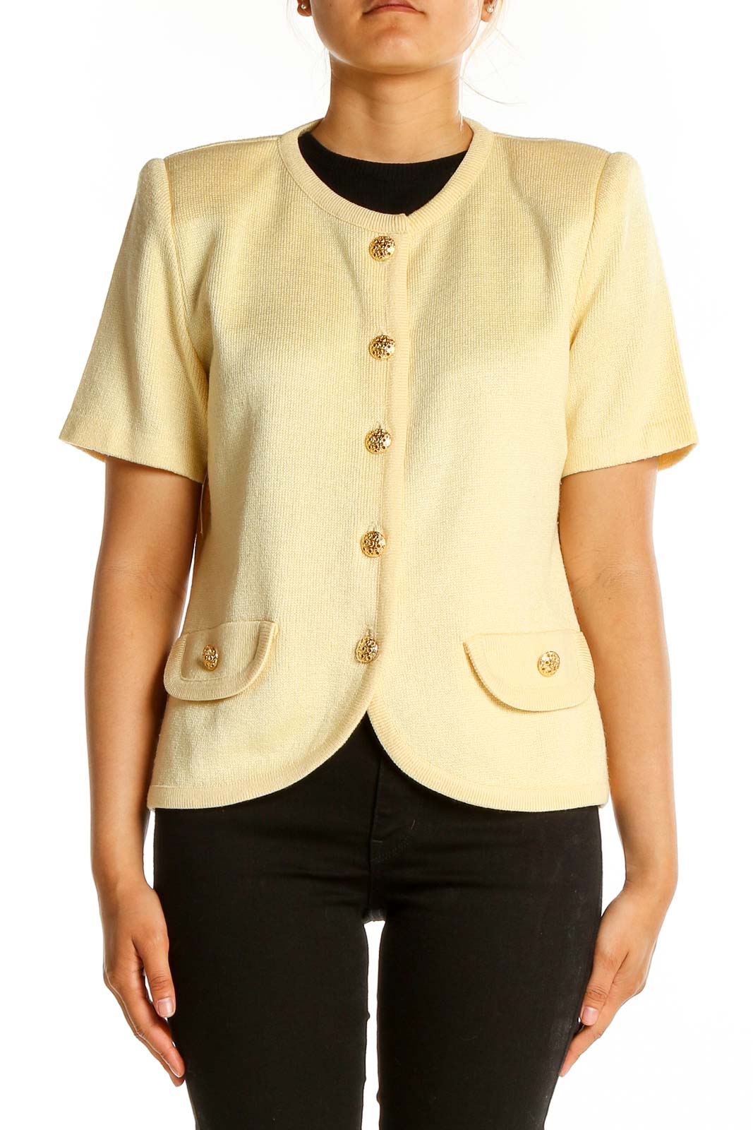 Front view of cream short-sleeve knit cardigan with gold-tone buttons