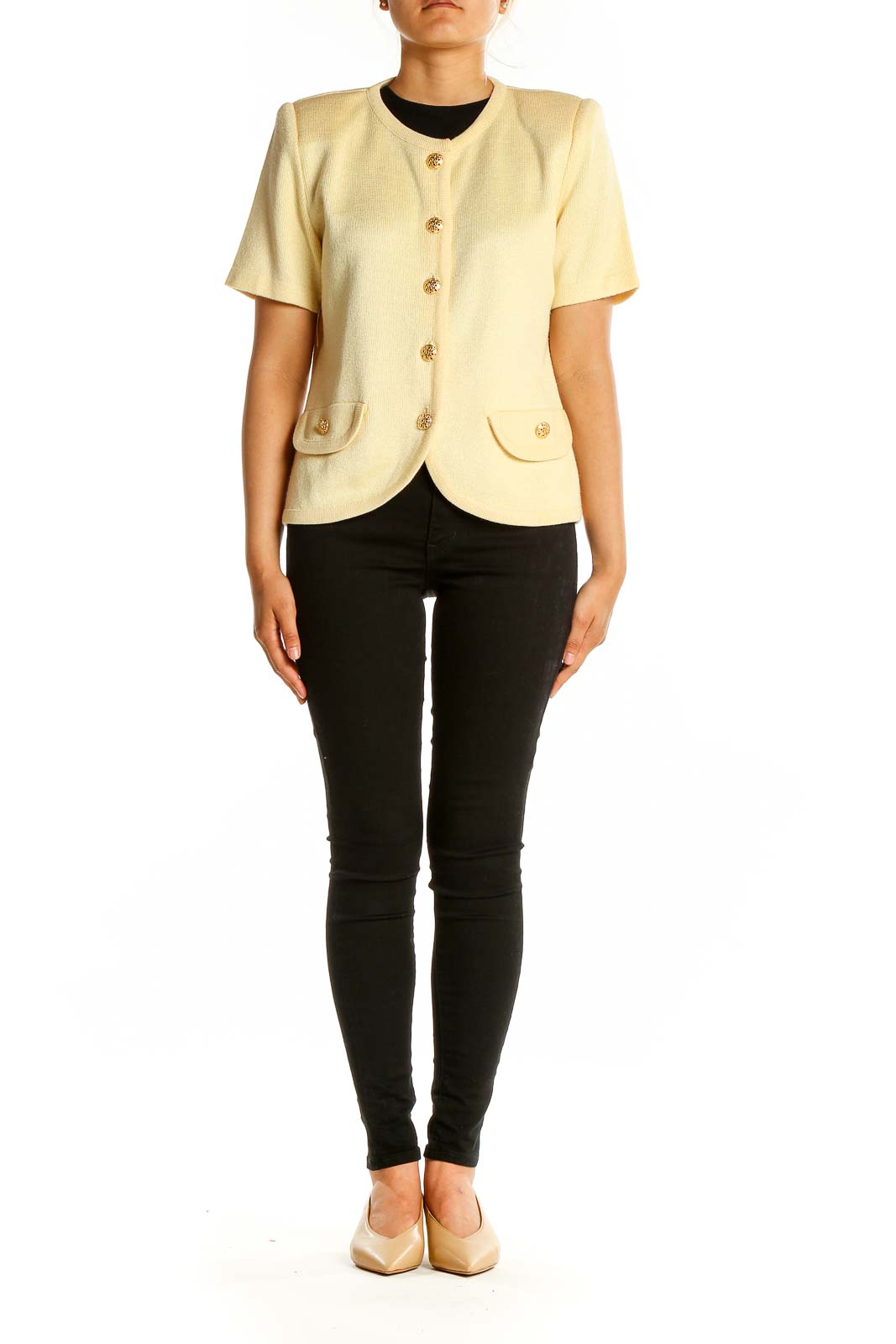 Front view of cream short-sleeve knit cardigan with gold-tone buttons