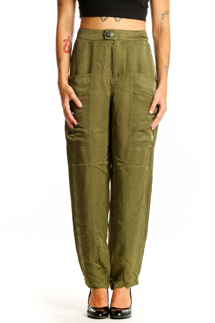 Front view of olive green Scotch & Soda viscose cargo pants