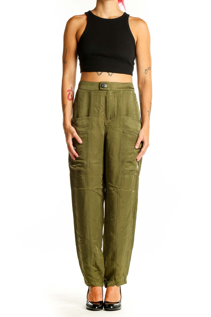 Front view of olive green Scotch & Soda viscose cargo pants