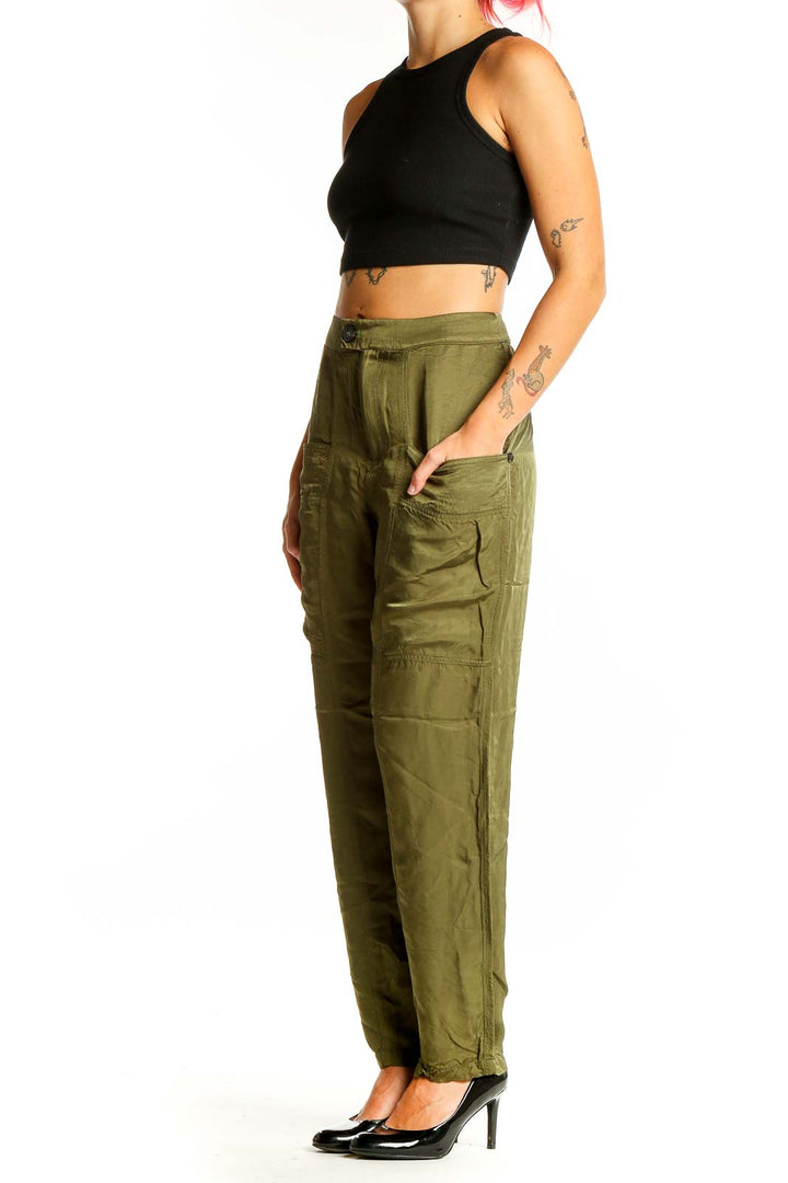 Front view of olive green Scotch & Soda viscose cargo pants