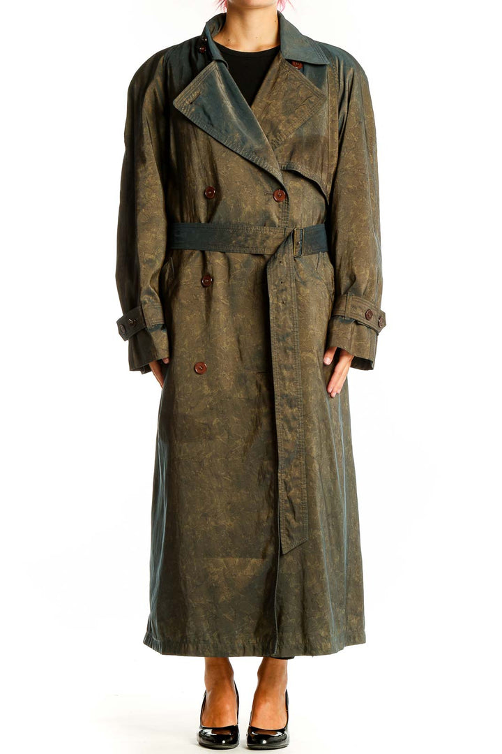 Front view of olive green vintage-style London Fog trench coat