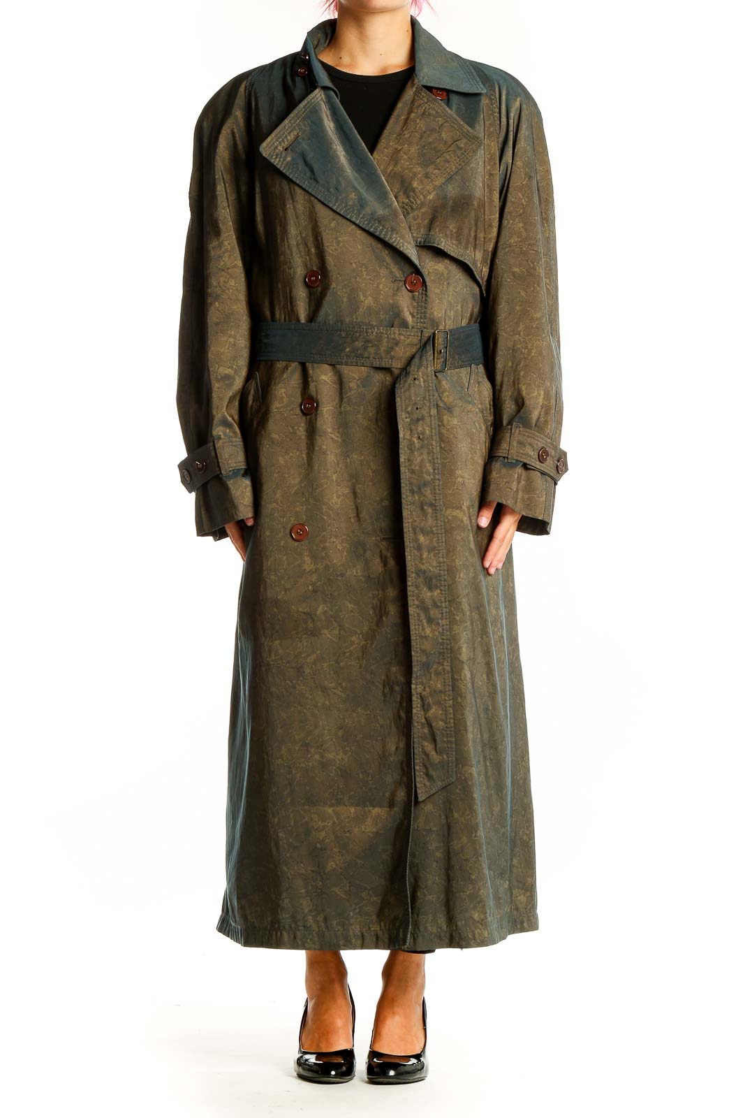 Front view of olive green vintage-style London Fog trench coat