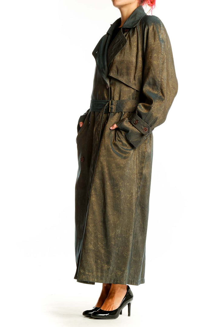 Front view of olive green vintage-style London Fog trench coat