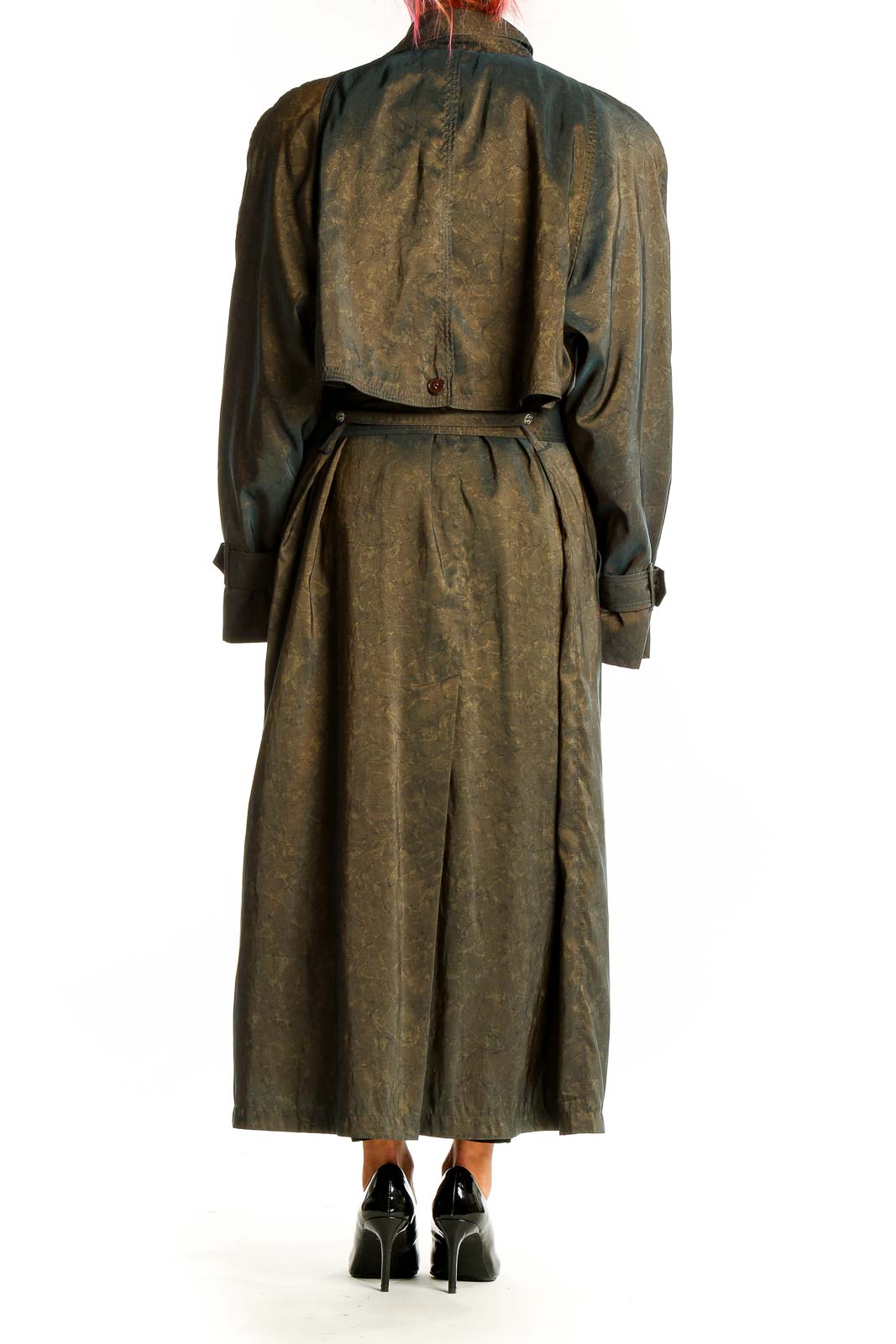 Back view of olive green vintage-style London Fog trench coat with belted waist