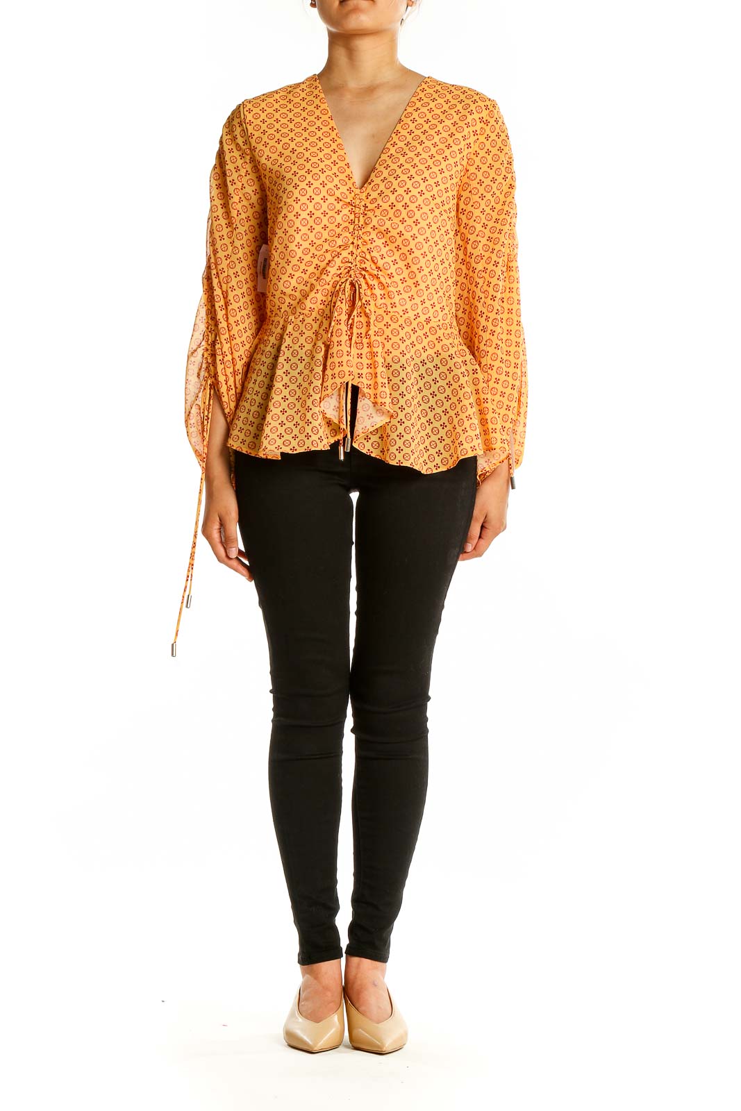 Front view of SilkRoll yellow geometric print peplum blouse with V-neck and balloon sleeves