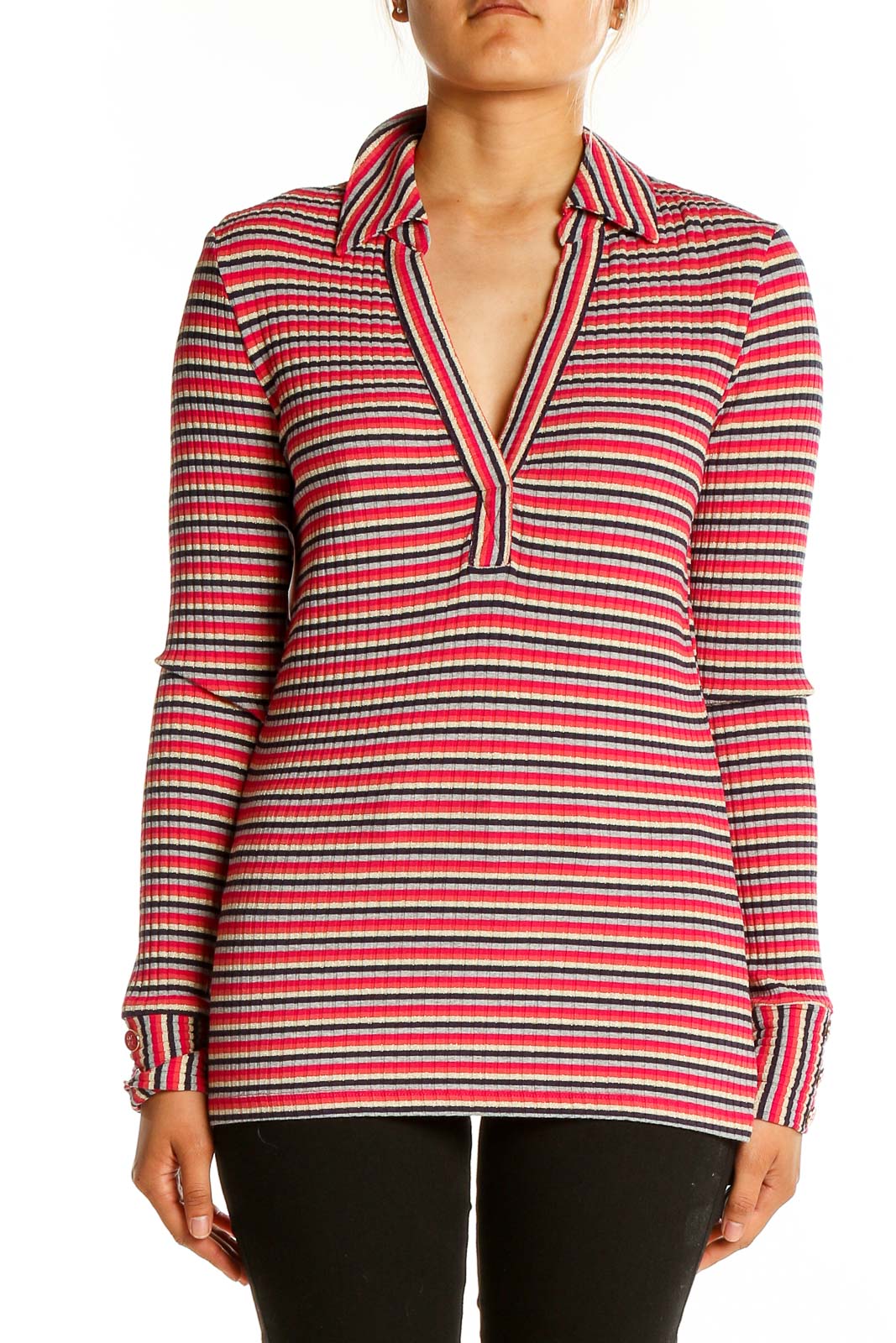 Front view of Trina Turk red striped ribbed knit top with V-neck