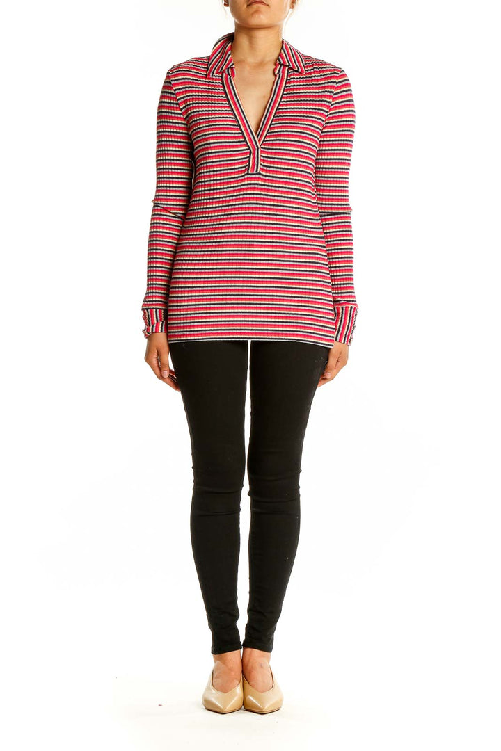 Front view of Trina Turk red striped ribbed knit top with V-neck