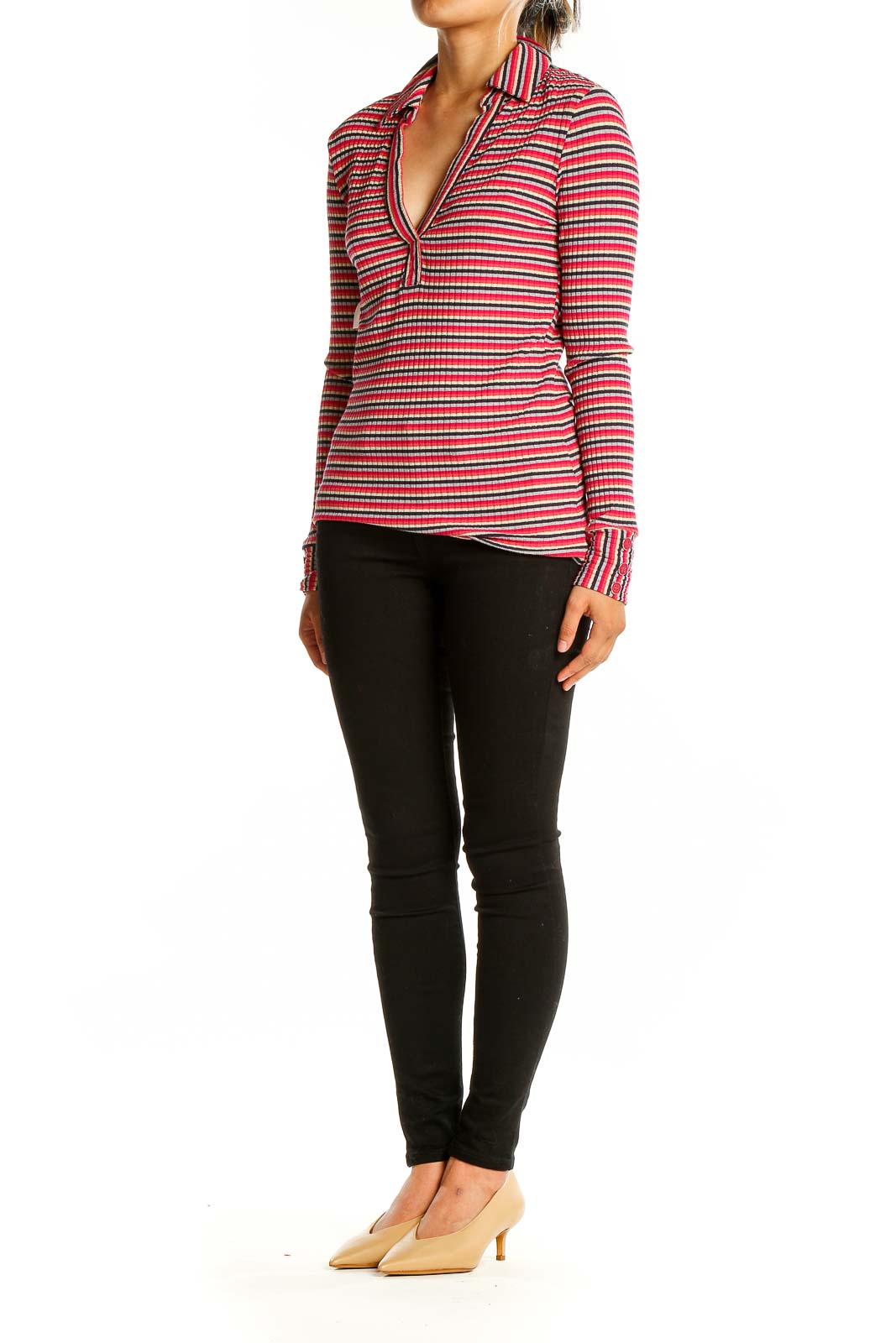 Front view of Trina Turk red striped ribbed knit top with V-neck