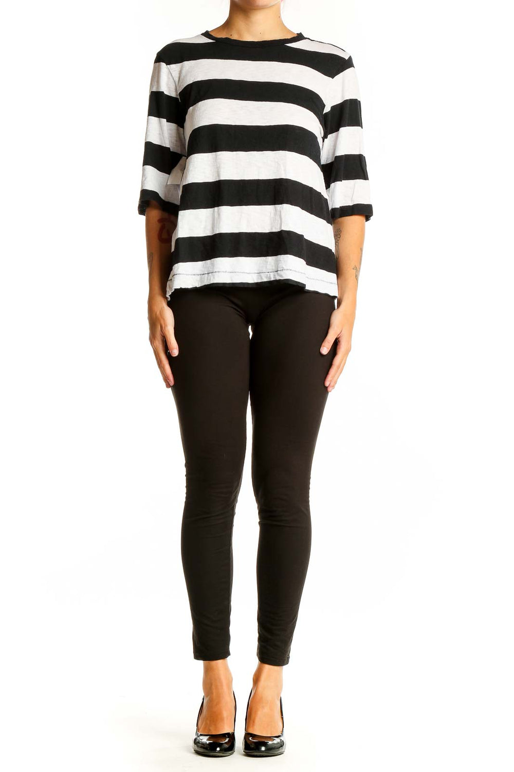 Front view of Rag & Bone black and white striped cotton top