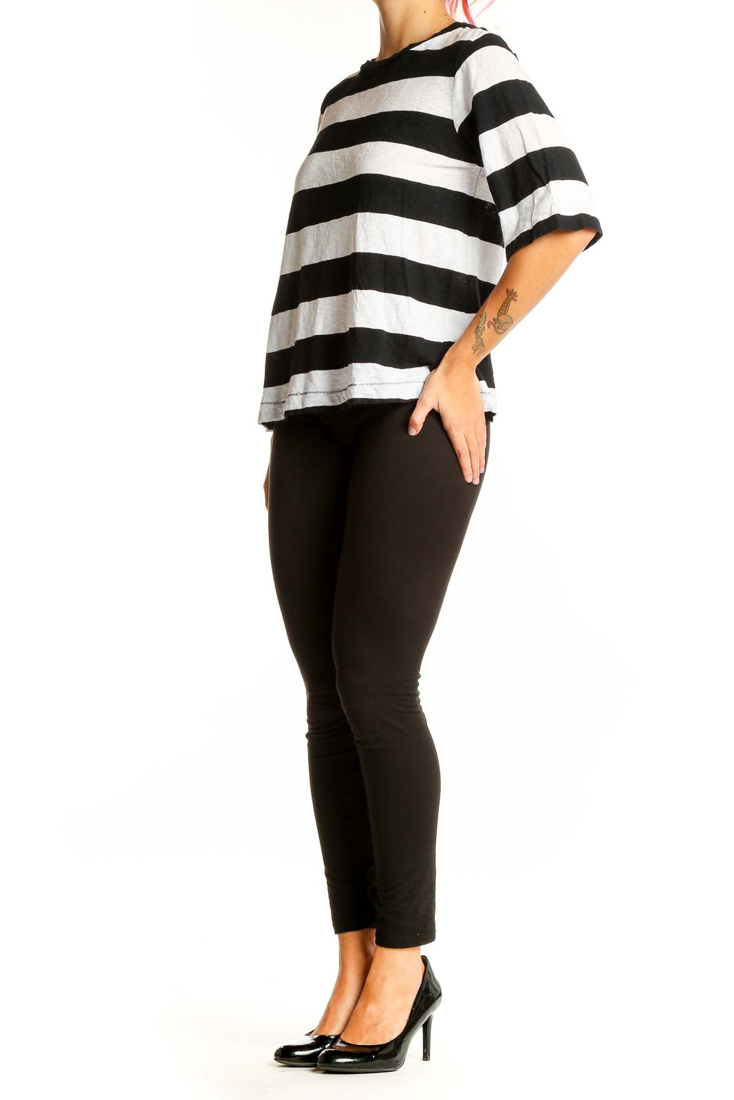 Front view of Rag & Bone black and white striped cotton top