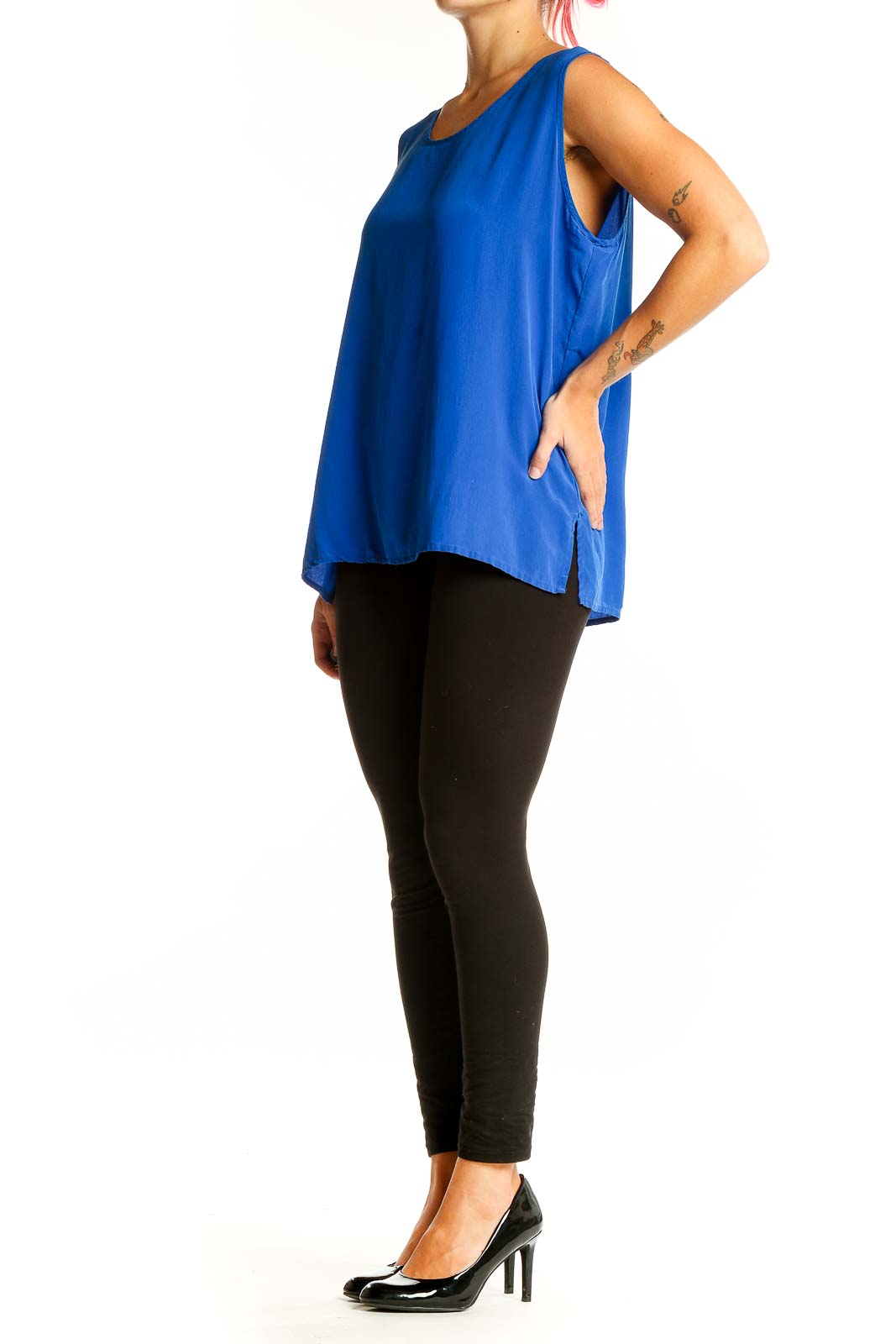 Front view of royal blue sleeveless silk blouse by Simply Silk