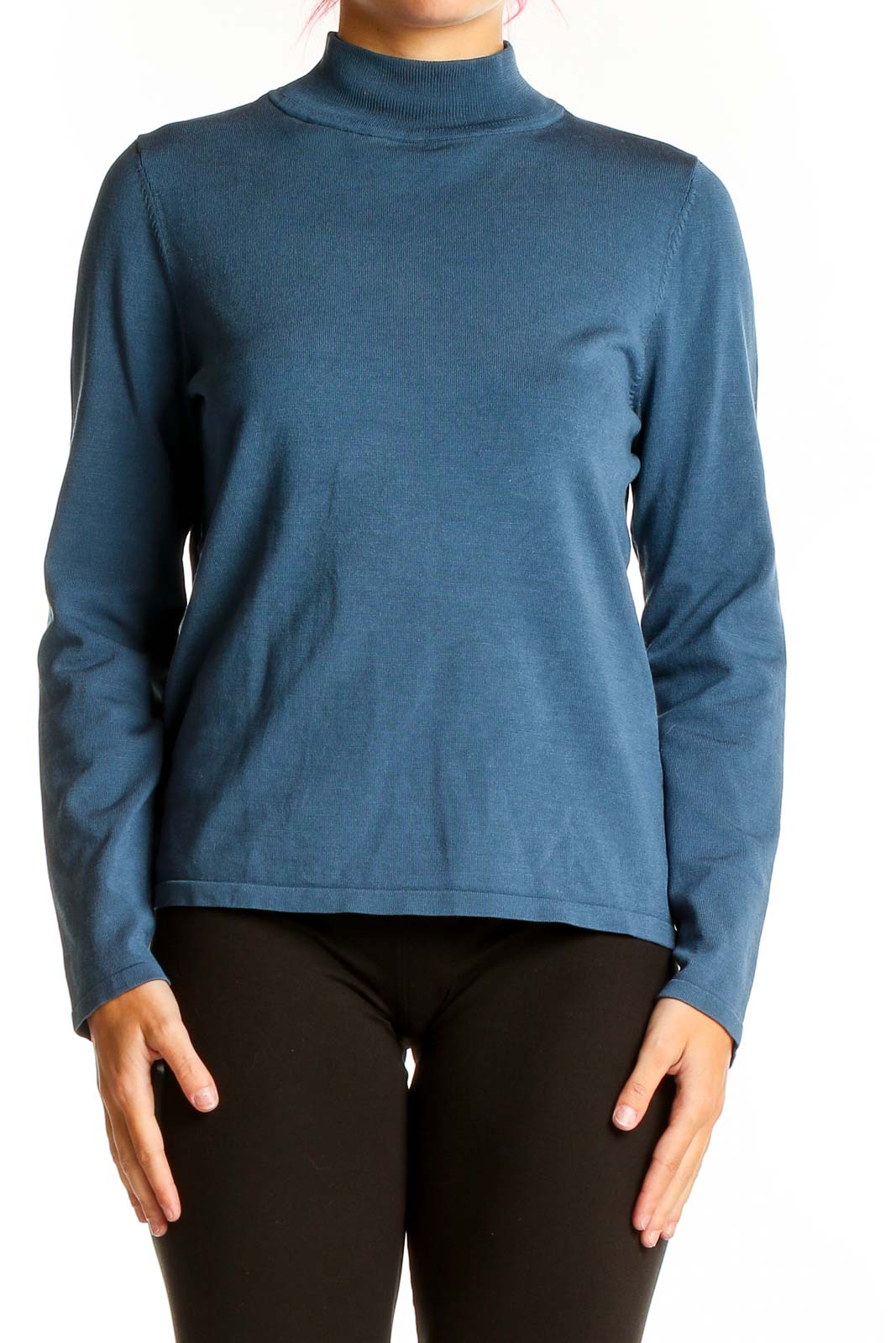 Front view of blue Pendleton mock neck sweater on model