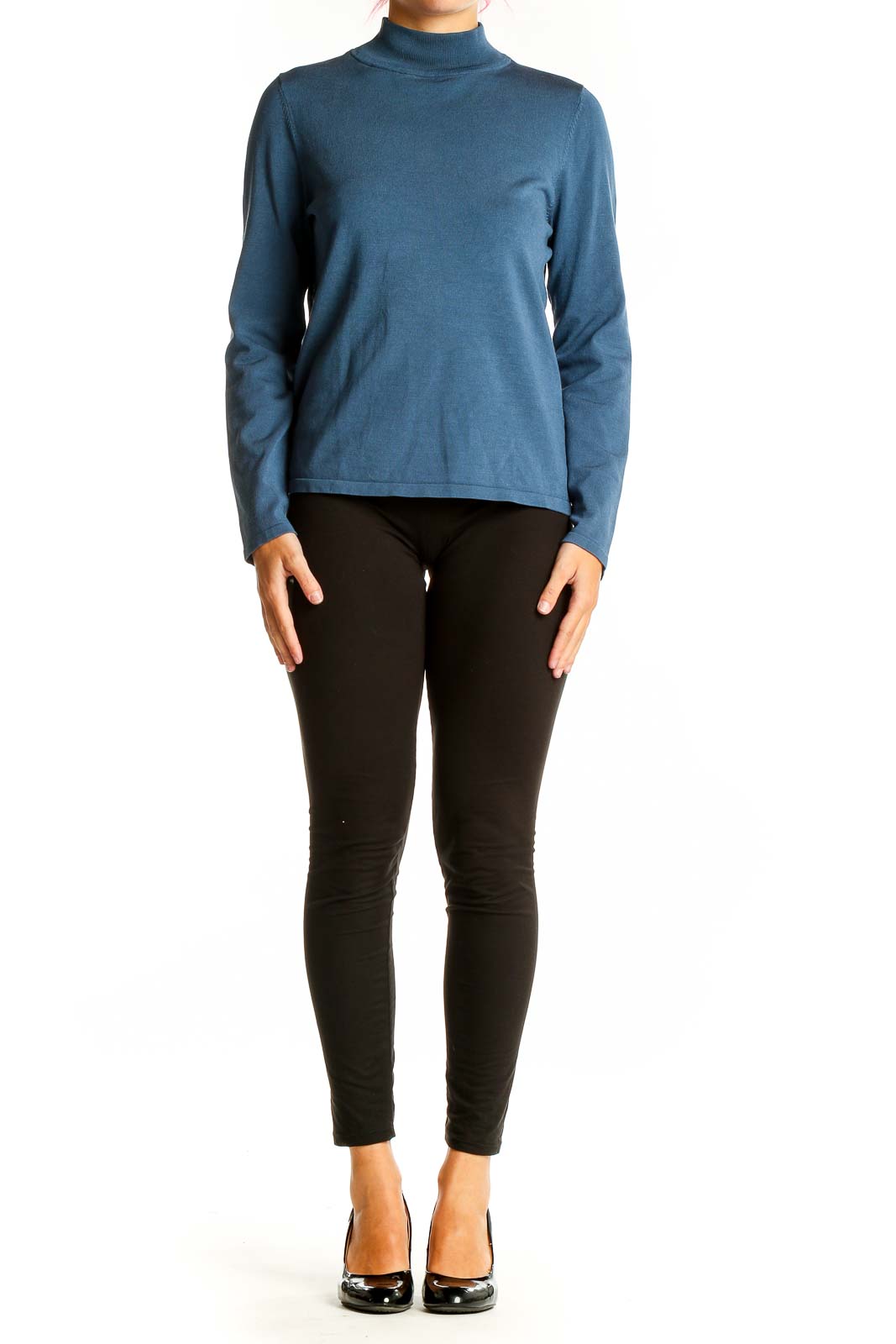 Front view of blue Pendleton mock neck sweater on model