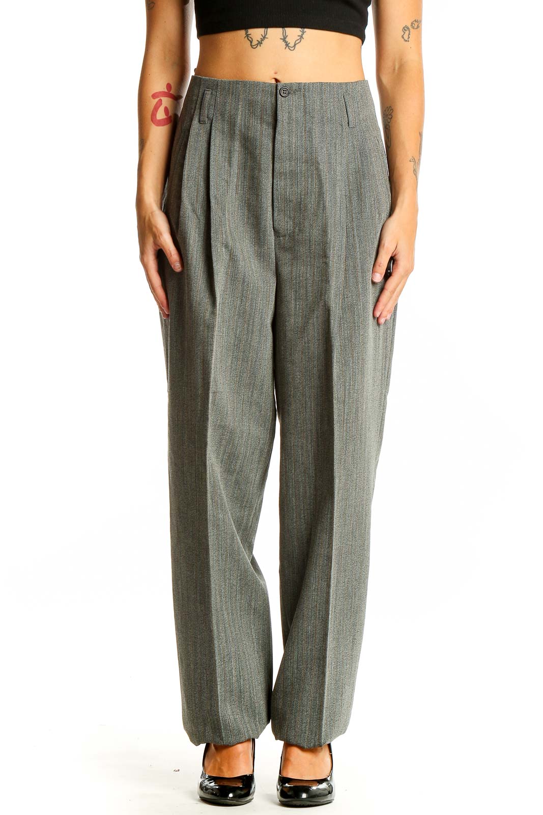 Front view of gray wool blend wide-leg trousers from The J. Peterman Company