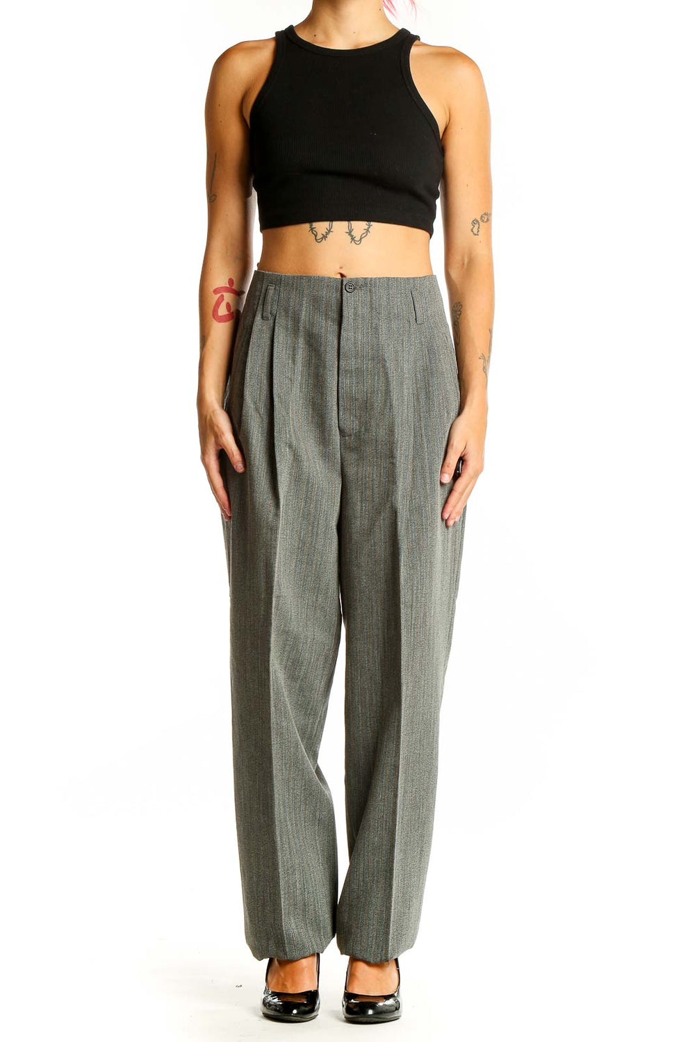 Front view of gray wool blend wide-leg trousers from The J. Peterman Company