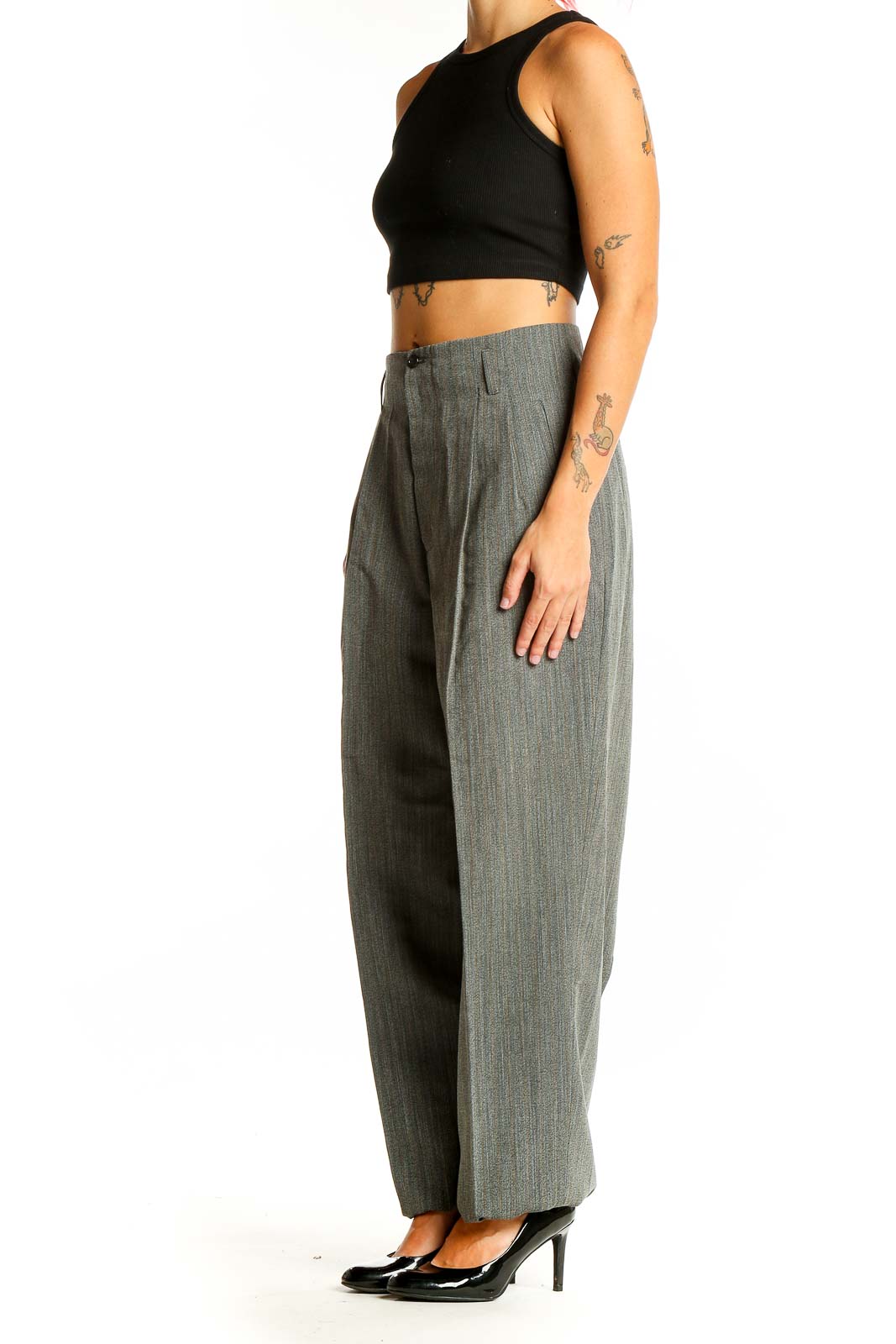 Front view of gray wool blend wide-leg trousers from The J. Peterman Company