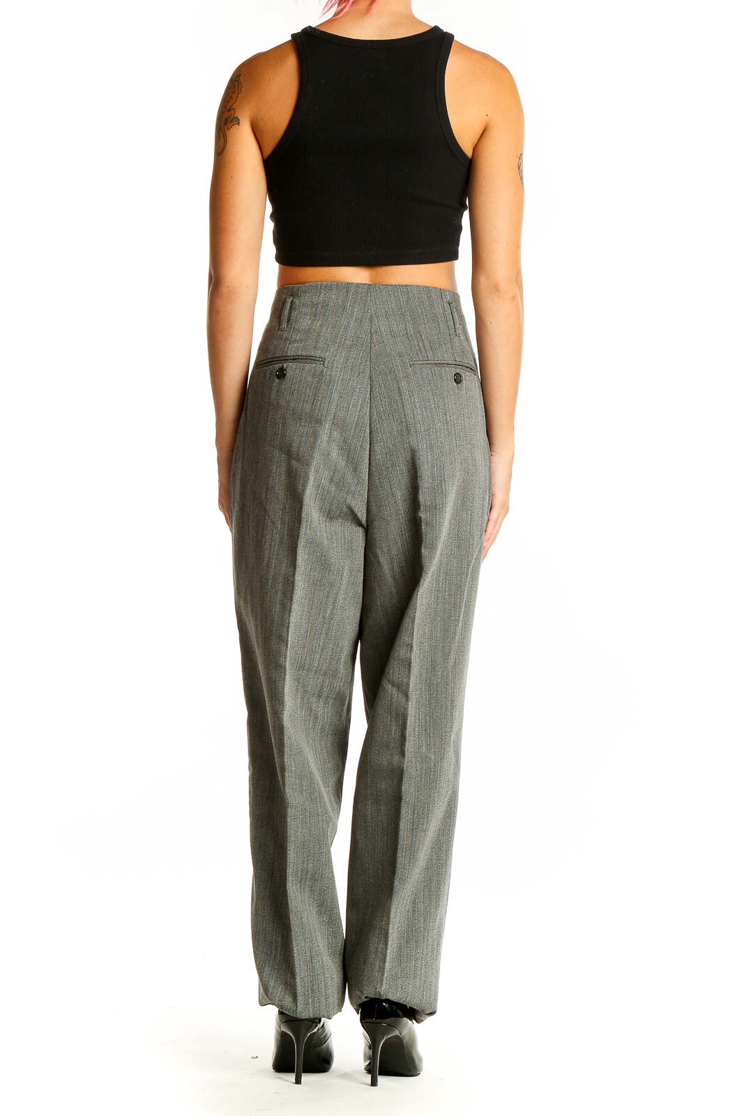 Back view of gray wool blend wide-leg trousers from The J. Peterman Company