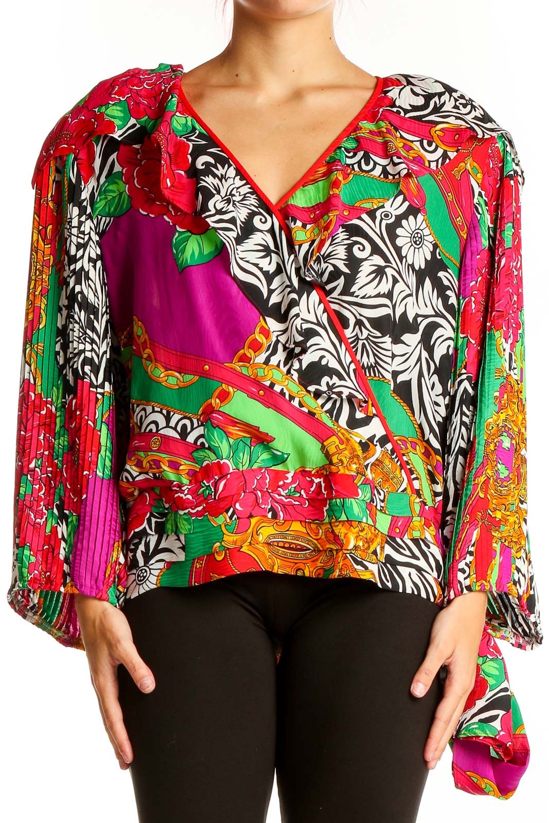 Front view of multicolor floral print Diane Freis wrap blouse