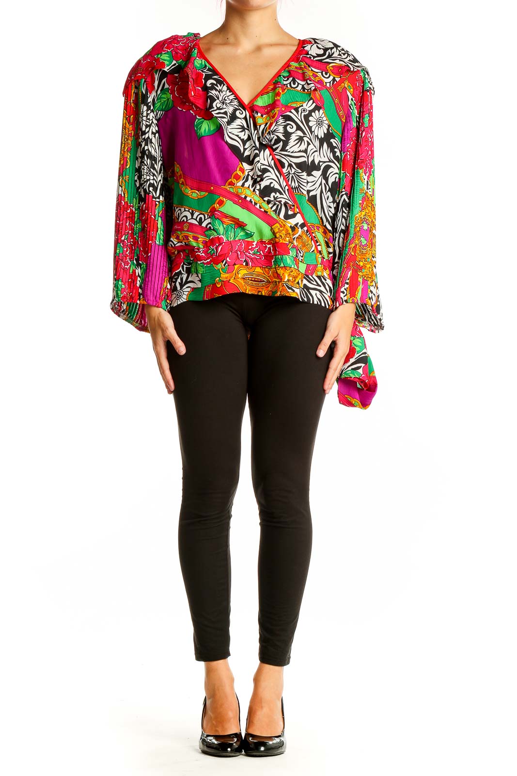 Front view of multicolor floral print Diane Freis wrap blouse