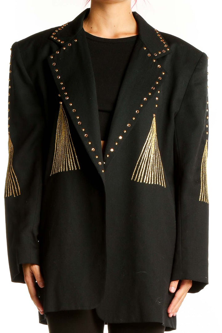 Front view of Cione black oversized blazer with gold studs and chain embroidery