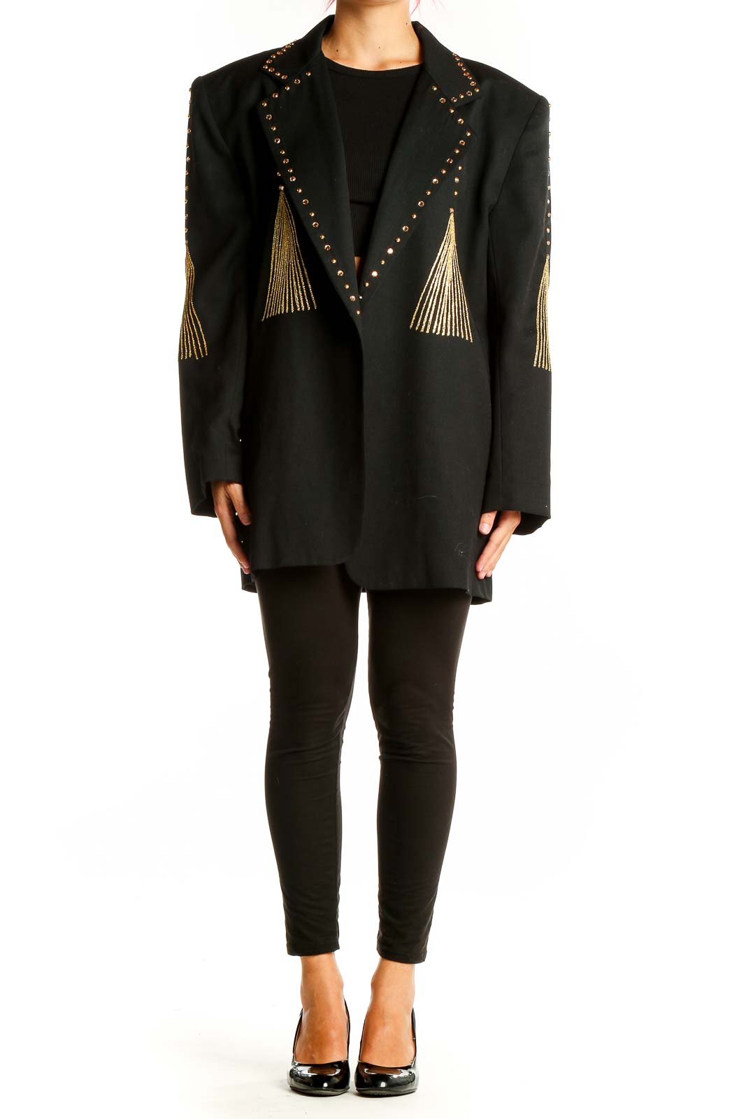 Front view of Cione black oversized blazer with gold studs and chain embroidery