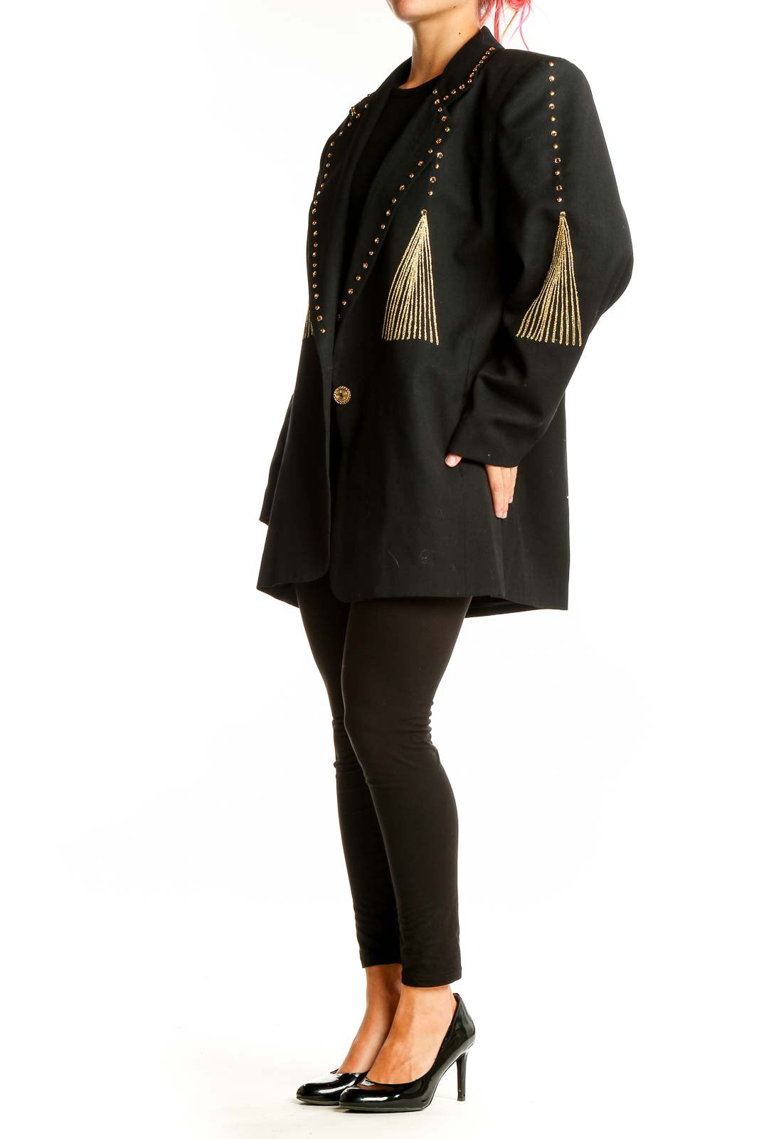 Front view of Cione black oversized blazer with gold studs and chain embroidery