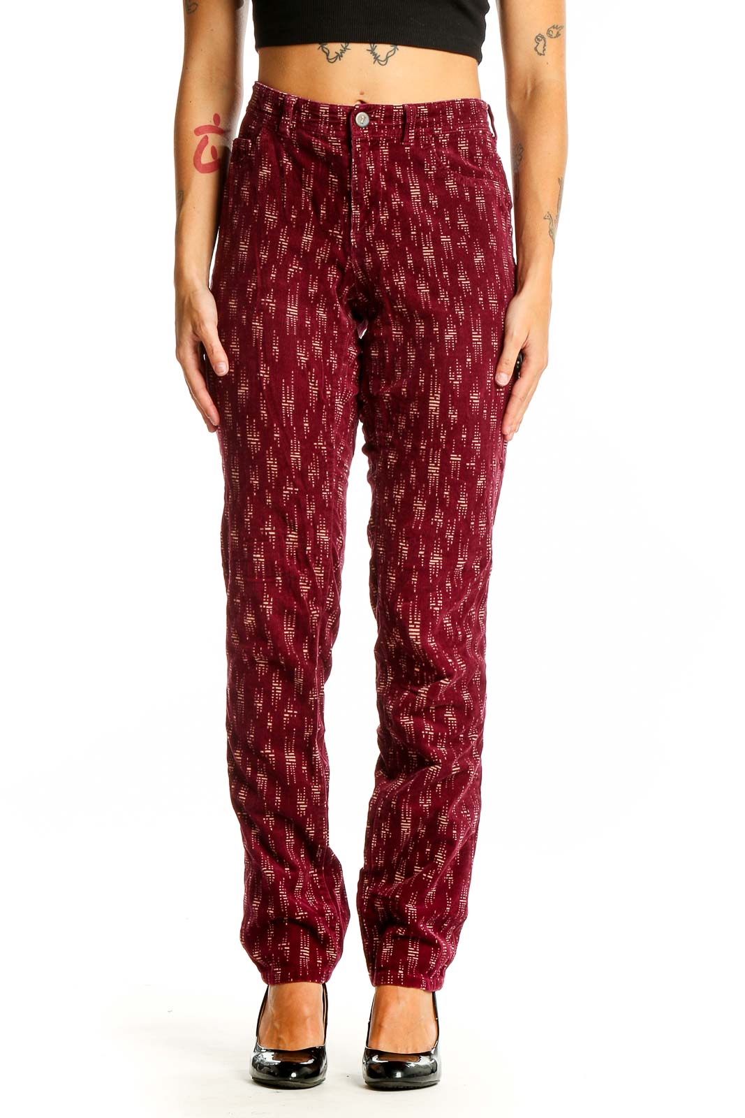 Front view of Pilcro and the Letterpress burgundy pants with white pattern