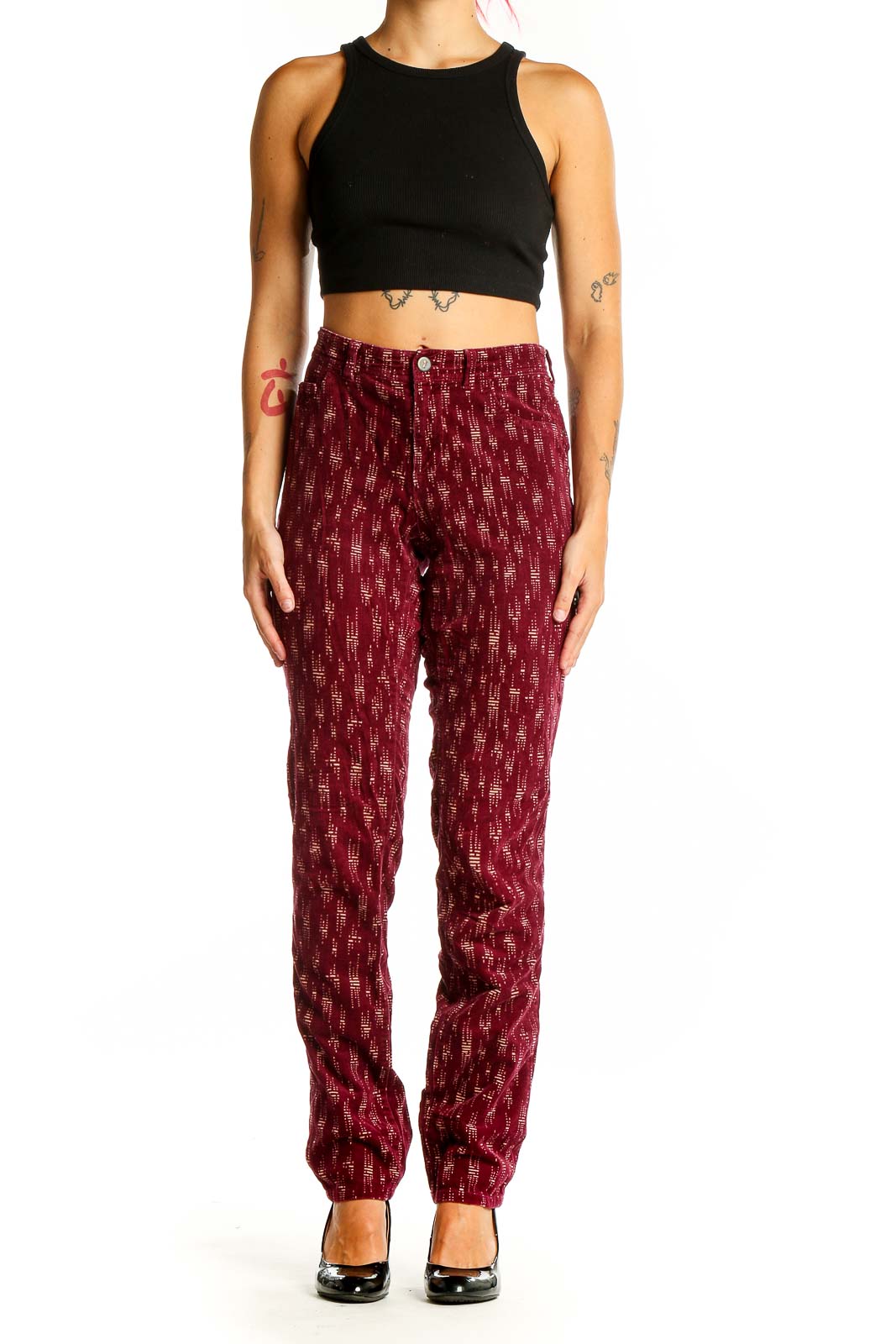 Front view of Pilcro and the Letterpress burgundy pants with white pattern