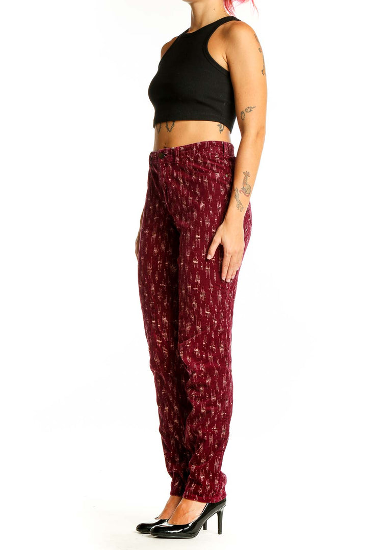 Front view of Pilcro and the Letterpress burgundy pants with white pattern