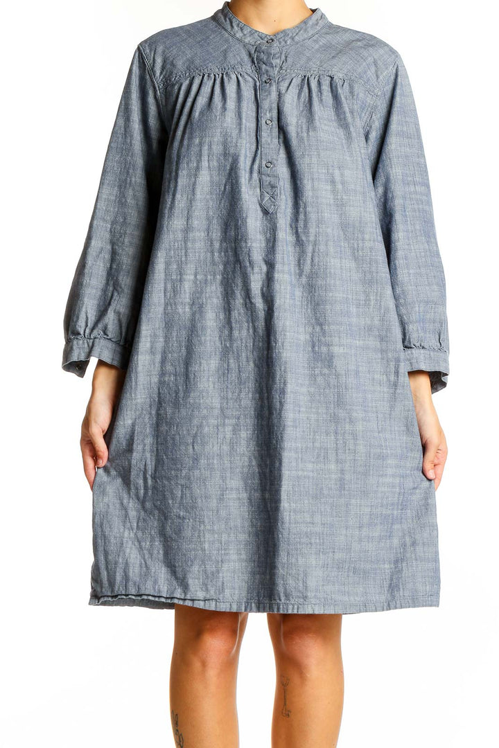 Front view of Patagonia blue organic cotton shirt dress with mandarin collar