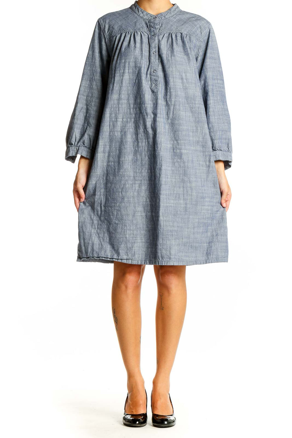 Front view of Patagonia blue organic cotton shirt dress with mandarin collar