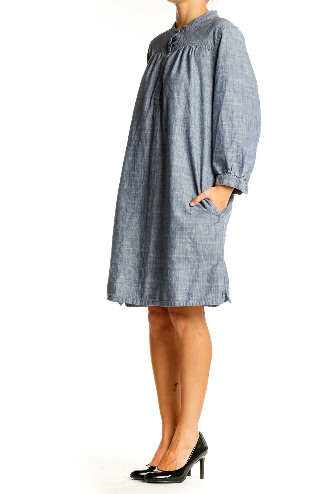 Front view of Patagonia blue organic cotton shirt dress with mandarin collar