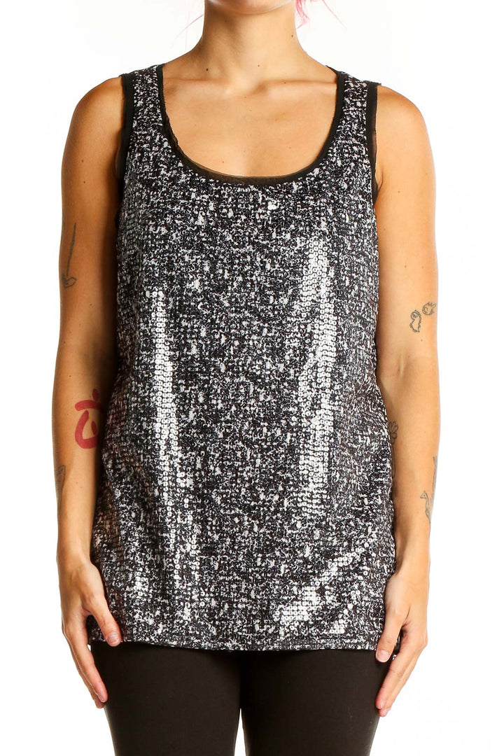 Front view of Ann Taylor black and silver sequined tank top