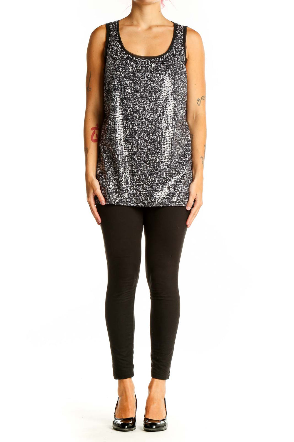 Front view of Ann Taylor black and silver sequined tank top