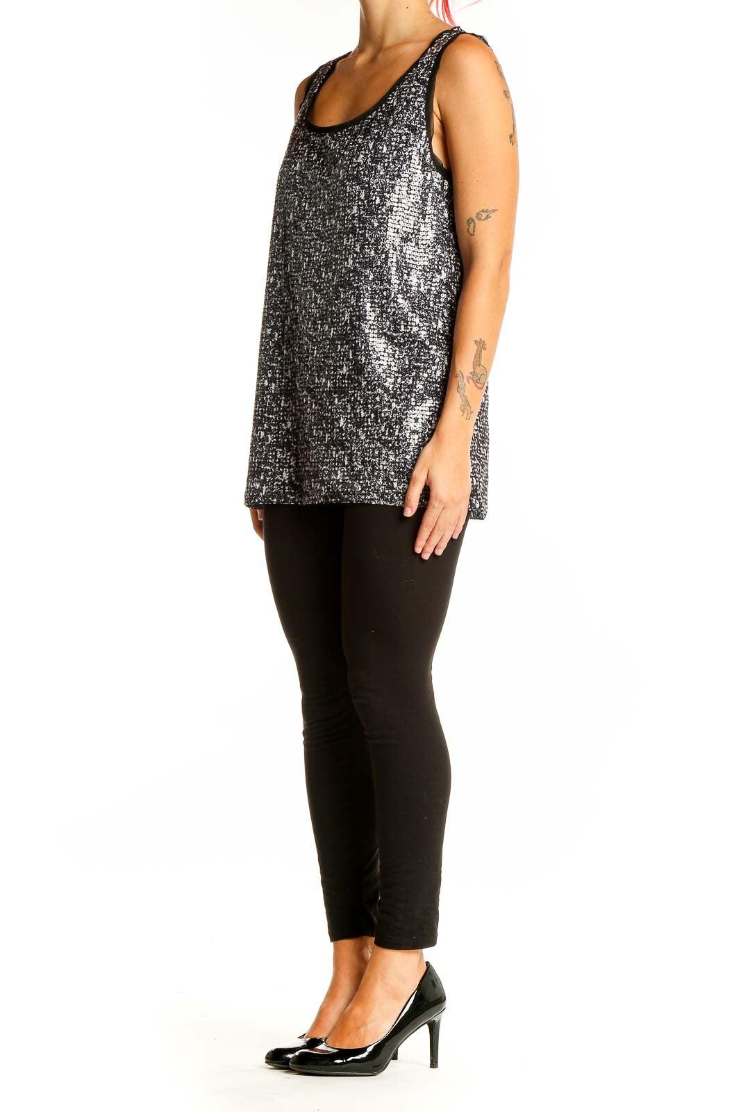 Front view of Ann Taylor black and silver sequined tank top