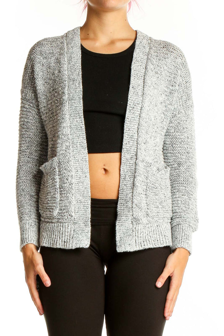 Front view of Madewell gray open-front cardigan with shawl collar