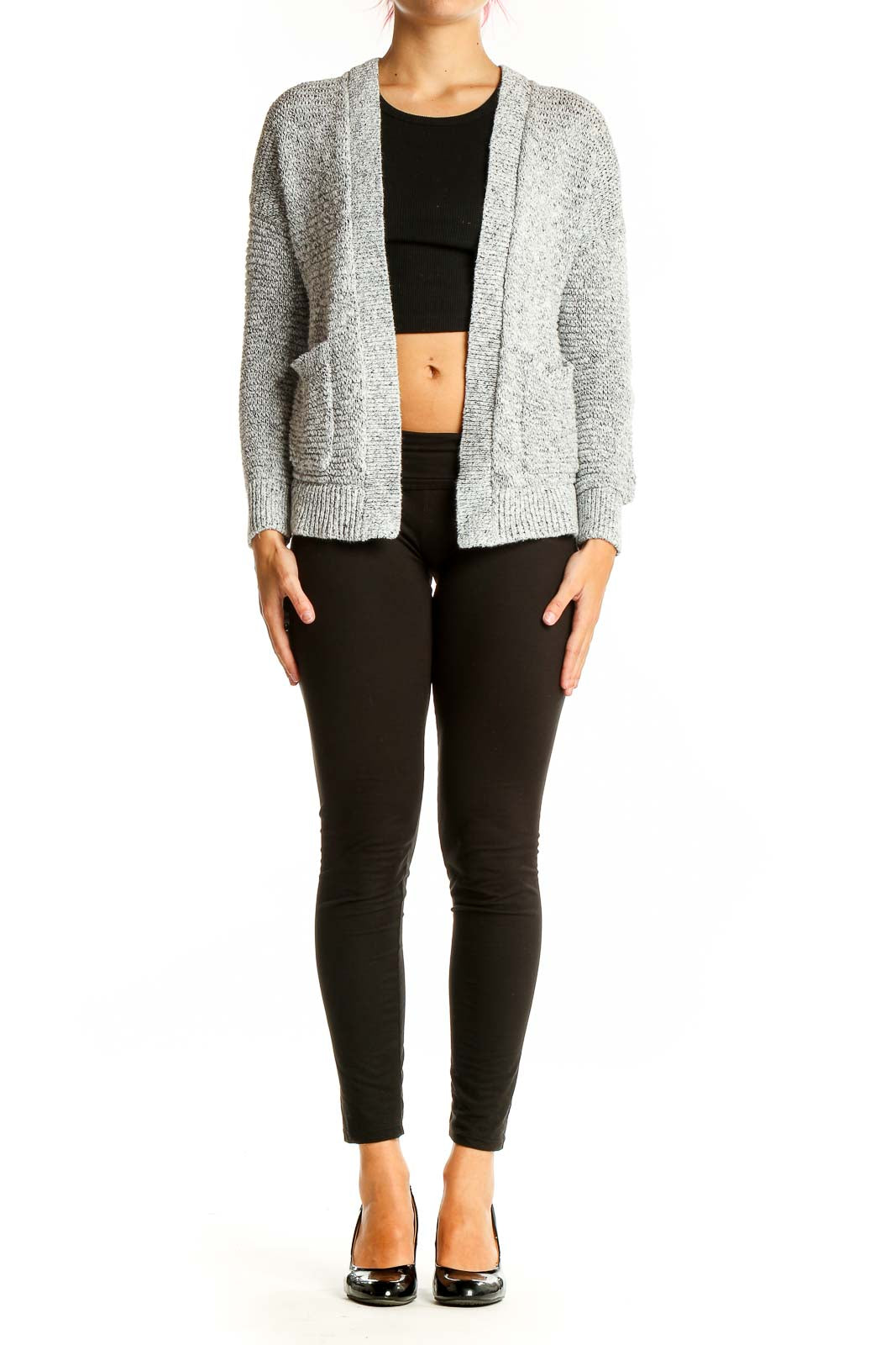 Front view of Madewell gray open-front cardigan with shawl collar