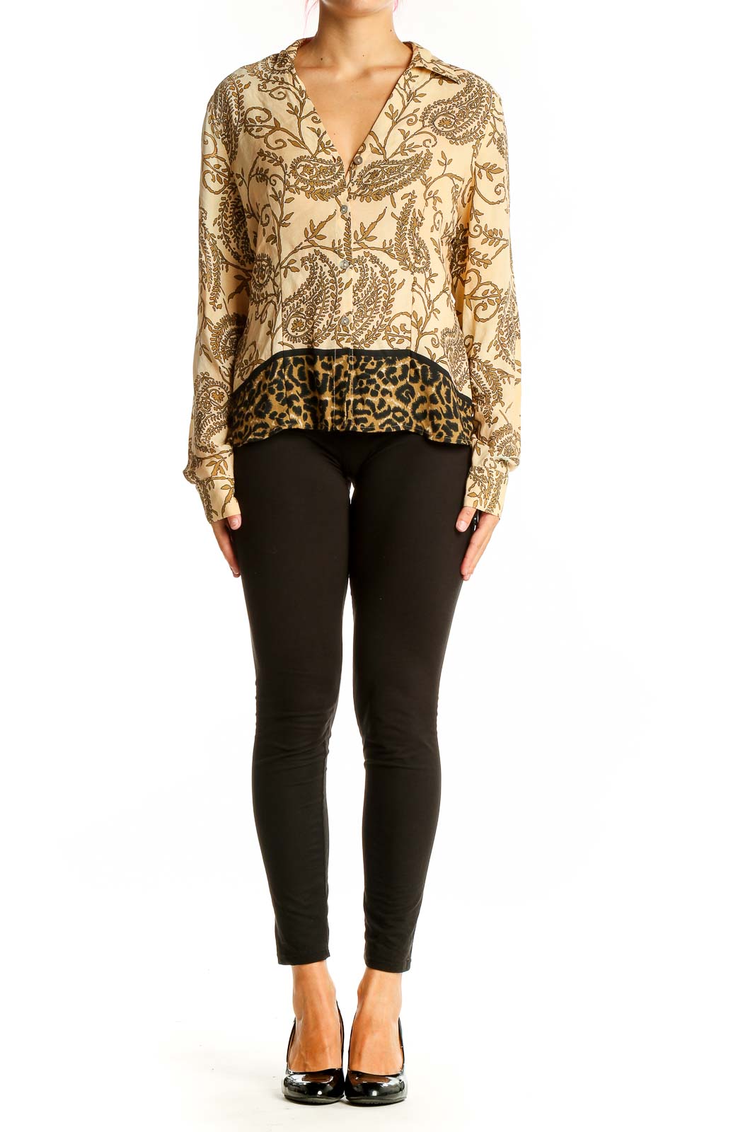 Front view of Victoria SOIE beige silk blouse with paisley print and leopard trim