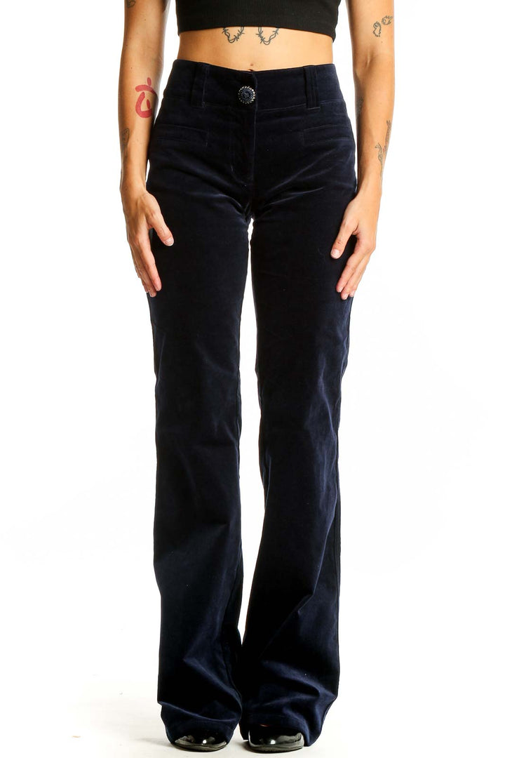 Front view of Roccobarocco navy velvet wide-leg trousers