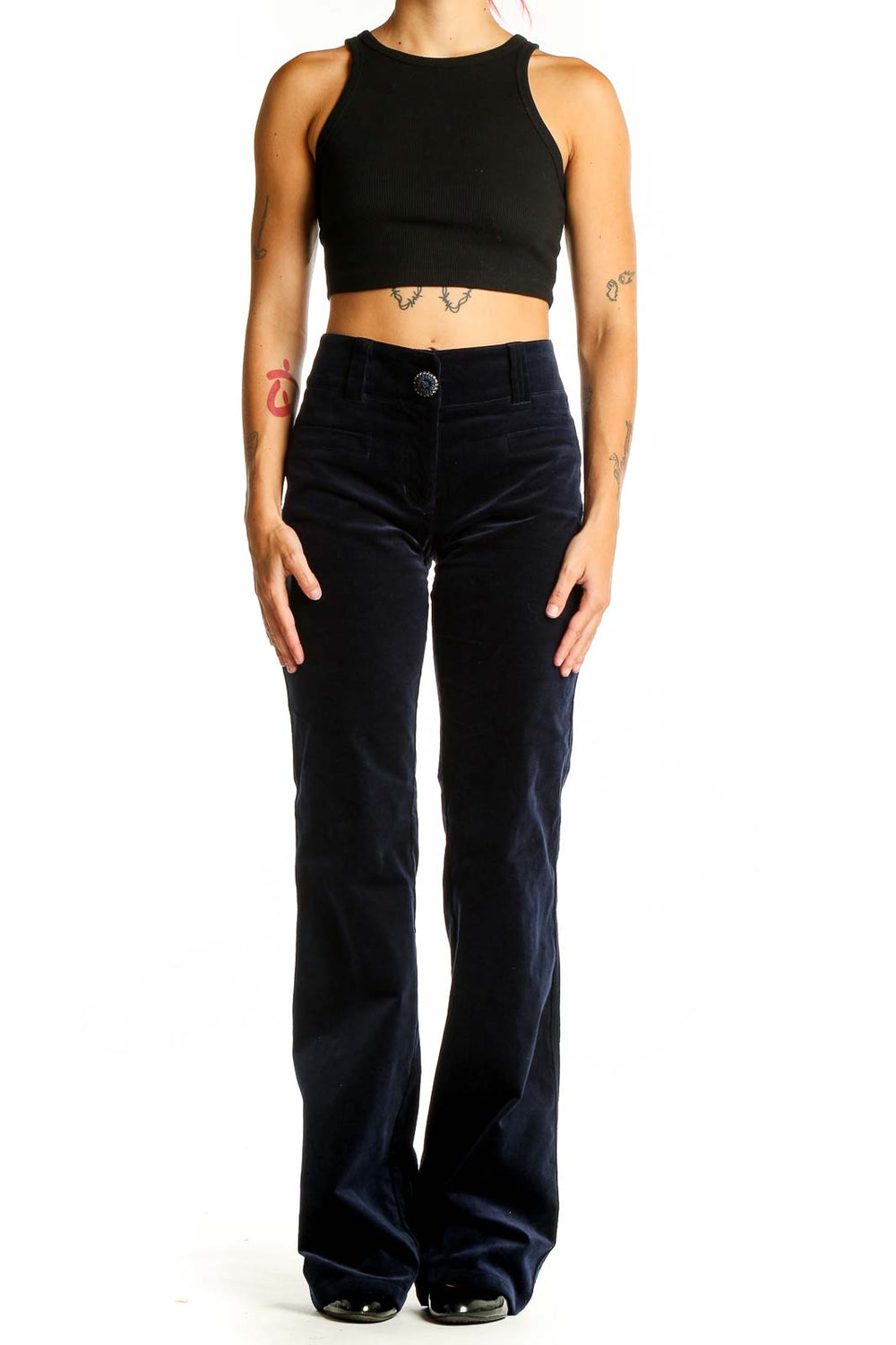 Front view of Roccobarocco navy velvet wide-leg trousers