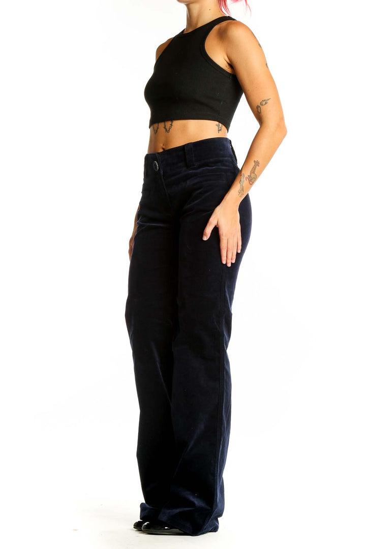 Front view of Roccobarocco navy velvet wide-leg trousers