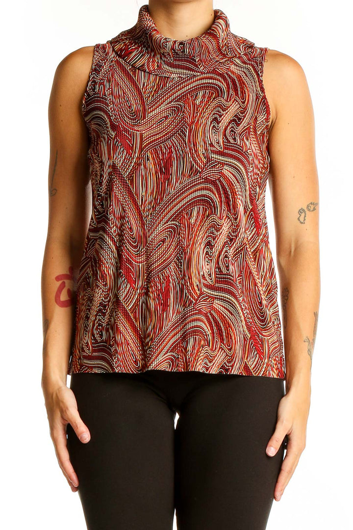 Front view of Giorgio Fiorlini red swirl pattern sleeveless turtleneck top