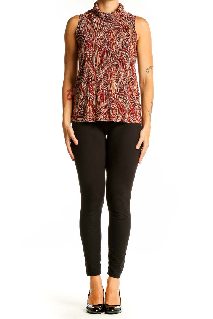 Front view of Giorgio Fiorlini red swirl pattern sleeveless turtleneck top