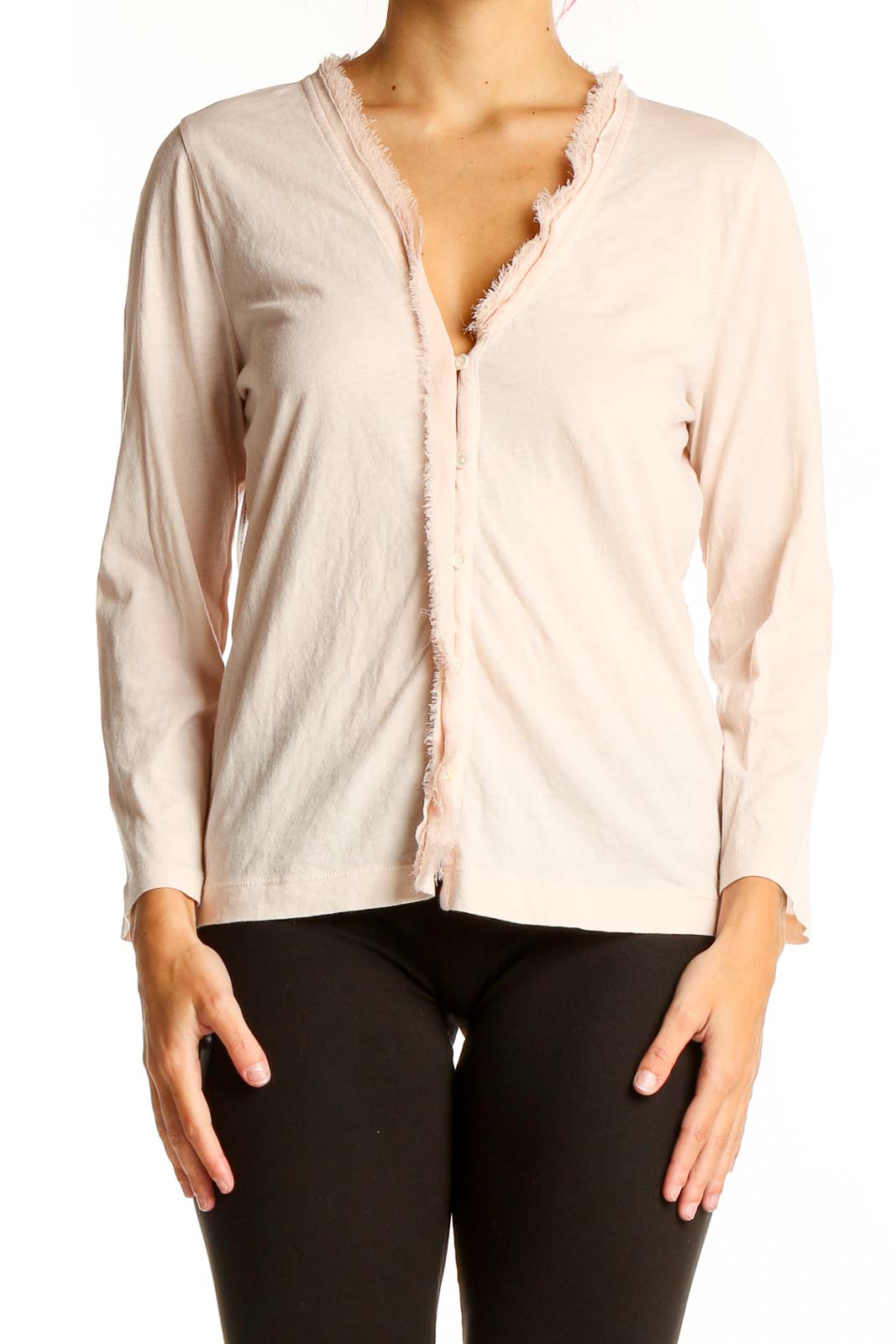 Front view of J.Crew blush pink cotton knit cardigan with frayed edges